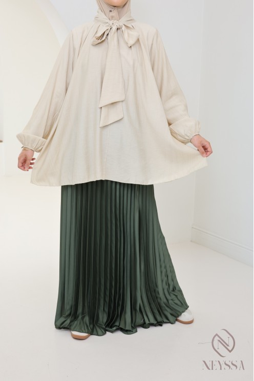 long pleated satin flared modest style hijabi outfit