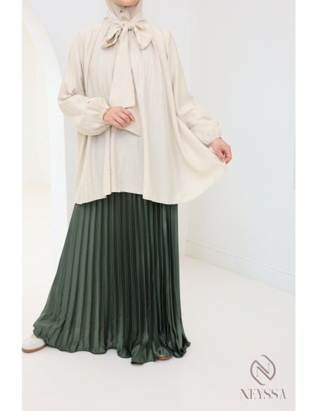 long pleated satin flared modest style hijabi outfit