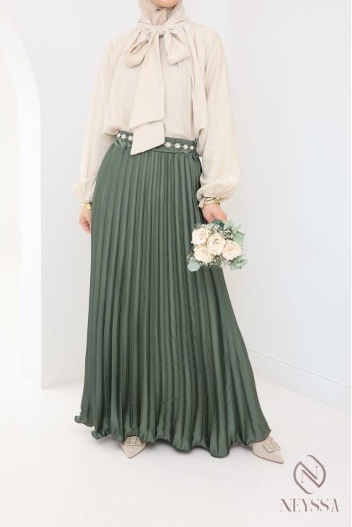 long pleated satin flared modest style hijabi outfit