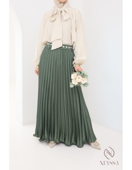long pleated satin flared modest style hijabi outfit