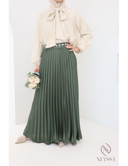 long pleated satin flared modest style hijabi outfit
