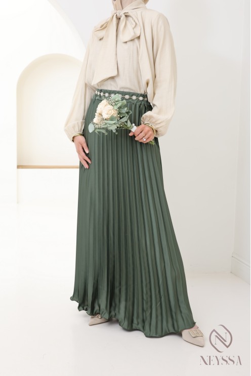 long pleated satin flared modest style hijabi outfit