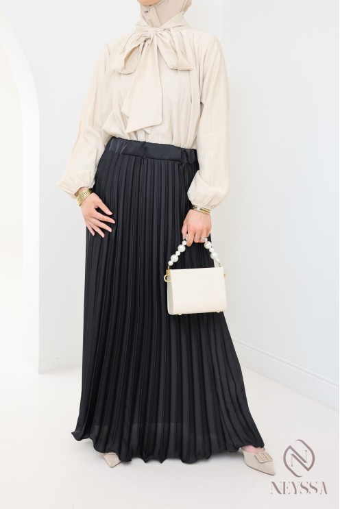 long pleated satin flared modest style hijabi outfit
