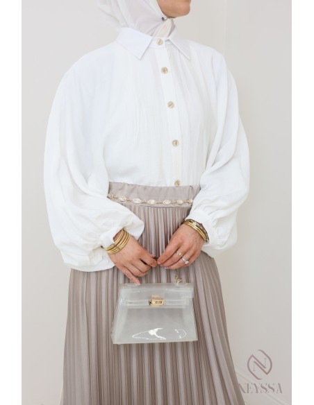 langer ausgestellter Satinplissee, bescheidener Stil Hijabi-Outfit