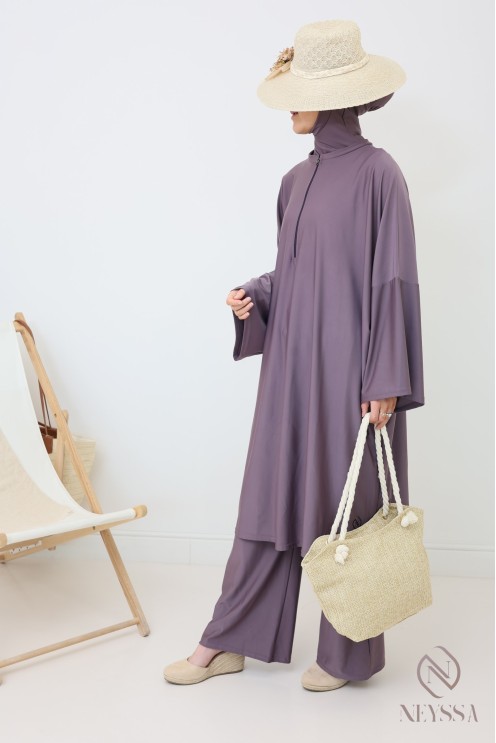 Full-cut burkini, tunic, palazzo and hood, water-repellent fabric