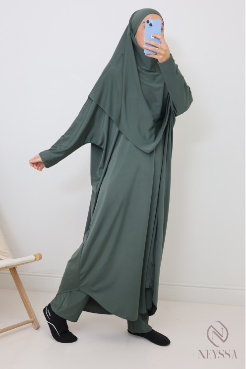 Jilbab de bain kaki hydrofuge, khimar, tunique et pantalon intégré