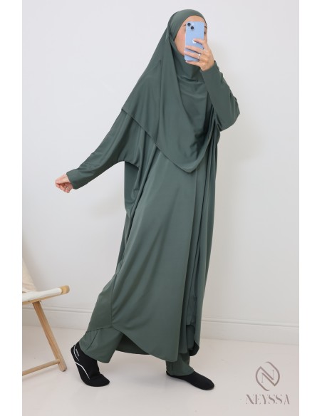 Jilbab de bain kaki hydrofuge, khimar, tunique et pantalon intégré