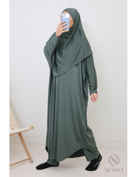 Wasserabweisender khakifarbener Badejilbab, Khimar, Tunika und Hose.