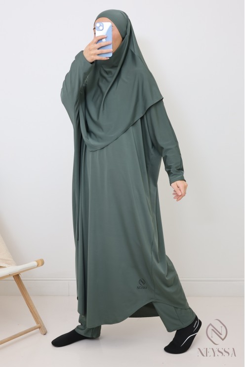 Jilbab de bain kaki hydrofuge, khimar, tunique et pantalon intégré