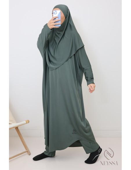 Jilbab de bain kaki hydrofuge, khimar, tunique et pantalon intégré