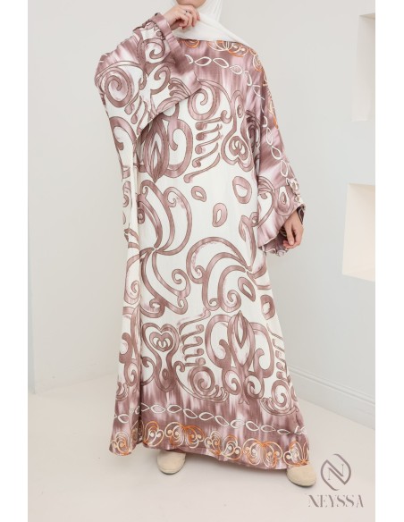 Butterfly-cut abaya-style long dress with original motifs, woman