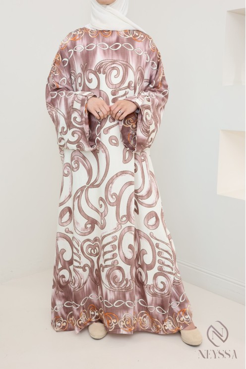 Butterfly-cut abaya-style long dress with original motifs, woman