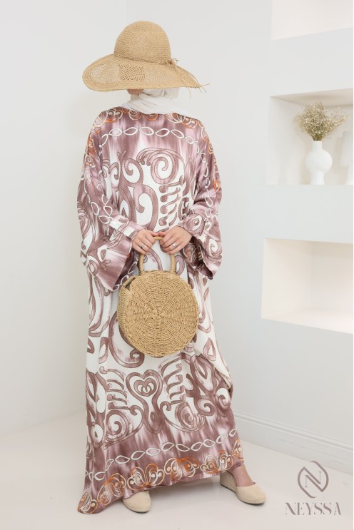 Butterfly-cut abaya-style long dress with original motifs, woman