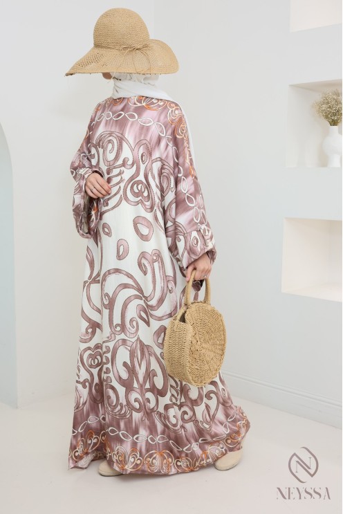 Butterfly-cut abaya-style long dress with original motifs, woman
