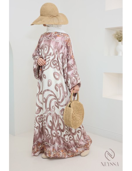 Butterfly-cut abaya-style long dress with original motifs, woman