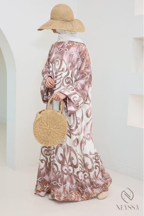 Butterfly-cut abaya-style long dress with original motifs, woman