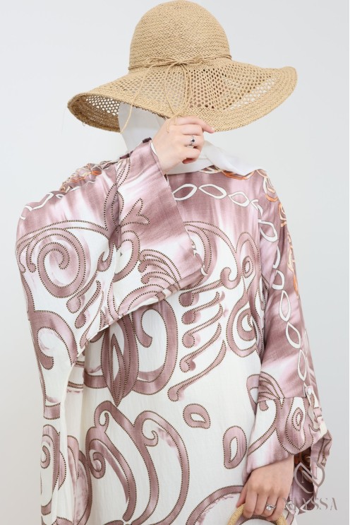 Butterfly-cut abaya-style long dress with original motifs, woman