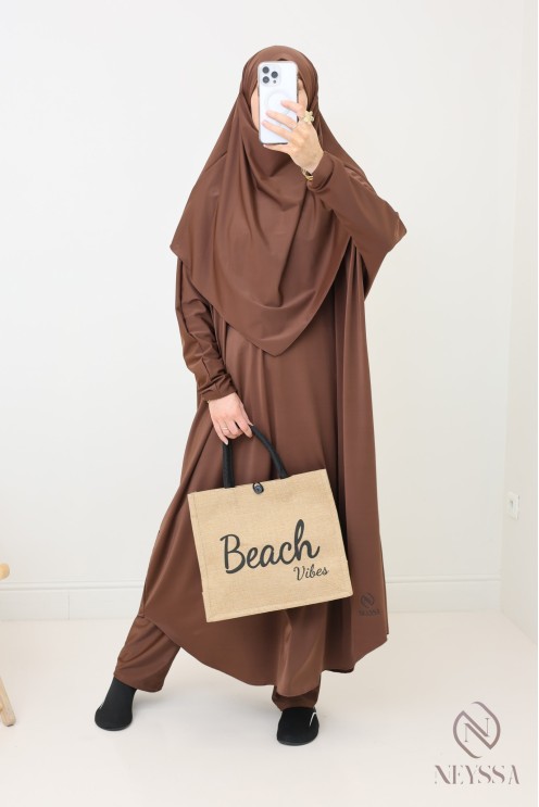 Modest chocolate burkini for woman bath jilbeb with khimar