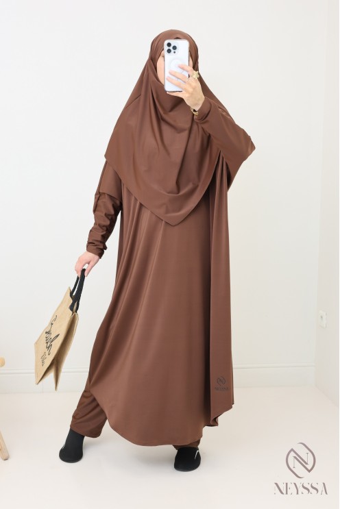 Burkini chocolat modeste pour femme jilbeb de bain avec khimar