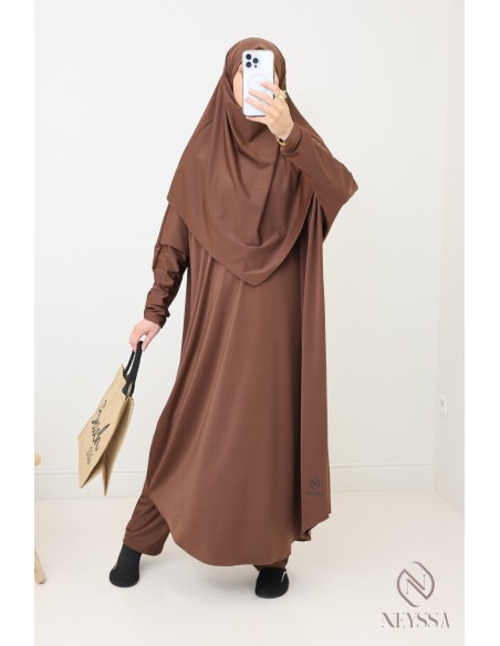 Modest chocolate burkini for woman bath jilbeb with khimar