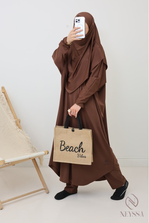 Burkini chocolat modeste pour femme jilbeb de bain avec khimar