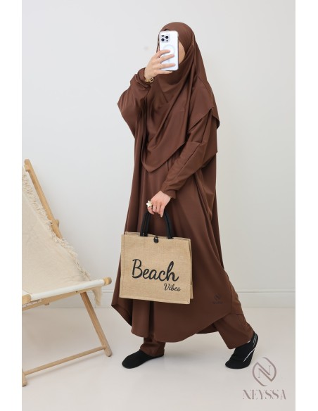 Modest chocolate burkini for woman bath jilbeb with khimar