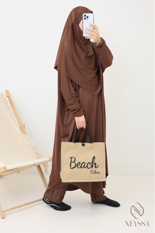Burkini chocolat modeste pour femme jilbeb de bain avec khimar