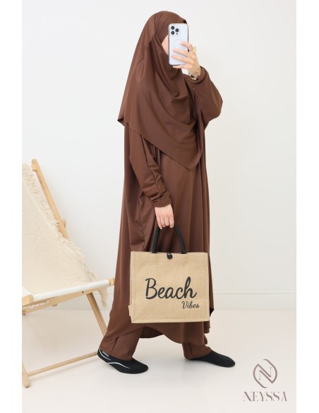 Burkini chocolat modeste pour femme jilbeb de bain avec khimar