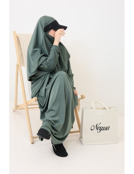 Jilbab de bain kaki hydrofuge, khimar, tunique et pantalon intégré