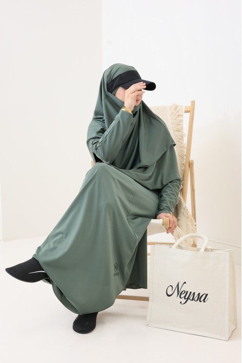 Jilbab de bain kaki hydrofuge, khimar, tunique et pantalon intégré