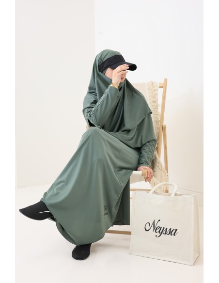 Jilbab de bain kaki hydrofuge, khimar, tunique et pantalon intégré
