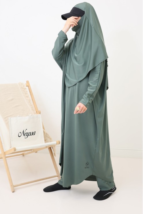 Jilbab de bain kaki hydrofuge, khimar, tunique et pantalon intégré