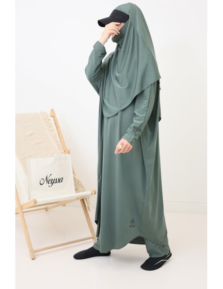 Jilbab de bain kaki hydrofuge, khimar, tunique et pantalon intégré