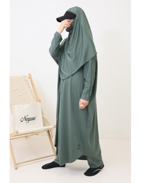 Jilbab de bain kaki hydrofuge, khimar, tunique et pantalon intégré