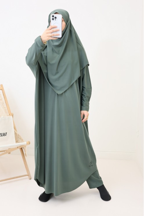 Wasserabweisender khakifarbener Badejilbab, Khimar, Tunika und Hose.