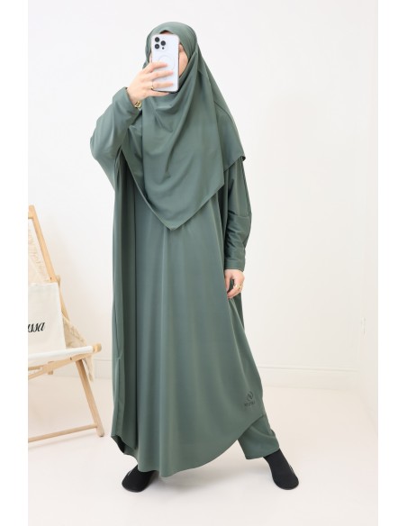 Jilbab de bain kaki hydrofuge, khimar, tunique et pantalon intégré