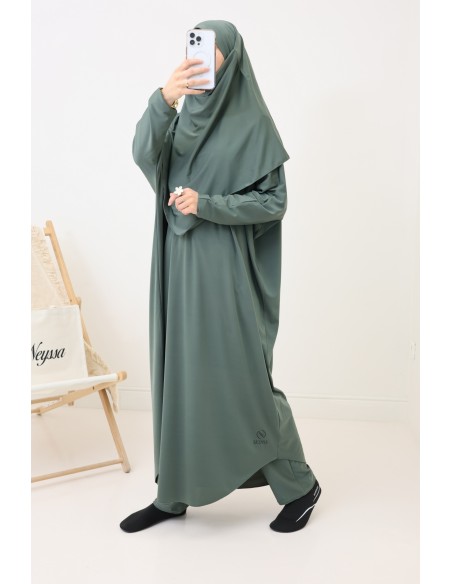 Wasserabweisender khakifarbener Badejilbab, Khimar, Tunika und Hose.