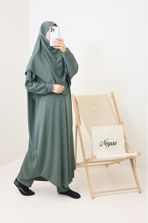 Jilbab de bain kaki hydrofuge, khimar, tunique et pantalon intégré