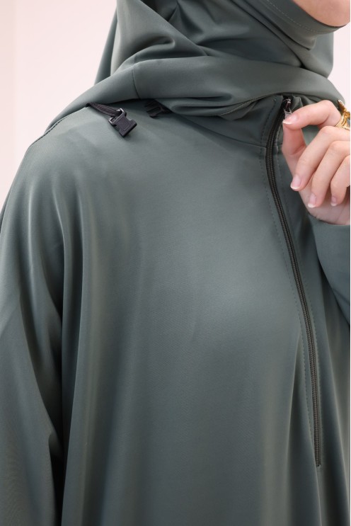 Jilbab de bain kaki hydrofuge, khimar, tunique et pantalon intégré