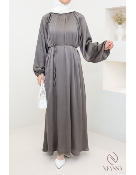 Satin long dress with puffed sleeves for modern hijabi women
