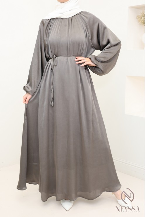 Satin long dress with puffed sleeves for modern hijabi women