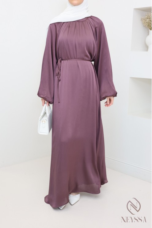 Satin long dress with puffed sleeves for modern hijabi women