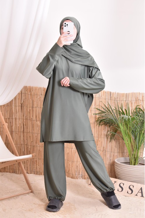 Damen Bade Burkini Khaki verschleiert, strapazierfähiger Stoff