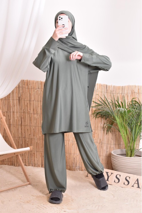khaki bath burkini for veiled woman, resistant fabric, dries quickly