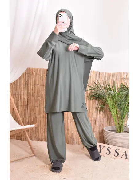 khaki bath burkini for veiled woman, resistant fabric, dries quickly