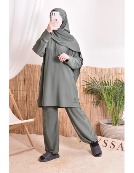 khaki bath burkini for veiled woman, resistant fabric, dries quickly