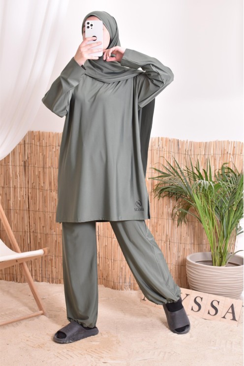 khaki bath burkini for veiled woman, resistant fabric, dries quickly