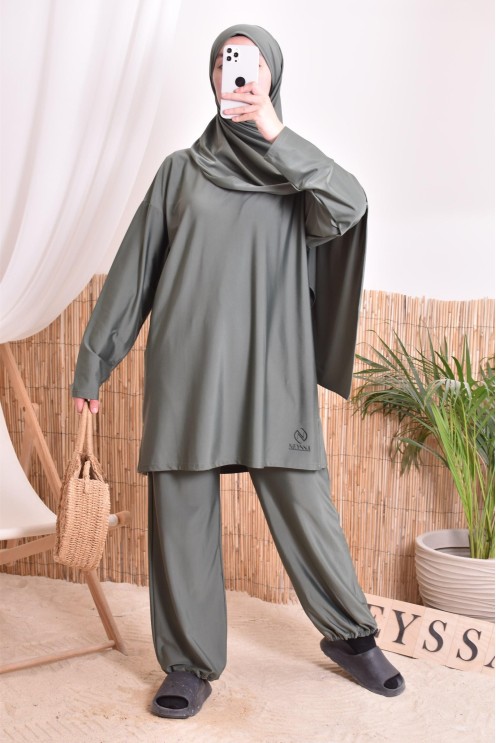 Damen Bade Burkini Khaki verschleiert, strapazierfähiger Stoff