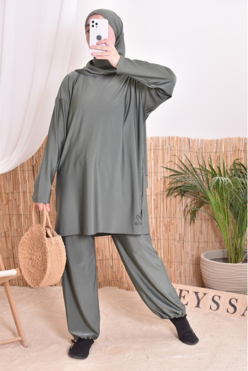 Damen Bade Burkini Khaki verschleiert, strapazierfähiger Stoff