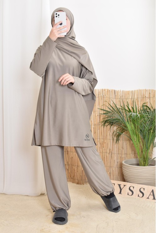 Burkini long taupe 3-teilig, Tunika, Hose und Hijab, Neyssa Oberbekleidung